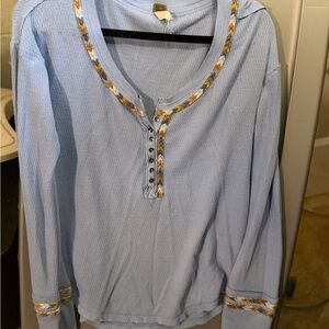 We The Free Light Blue Waffle Knit Henley with Yellow & White Trim